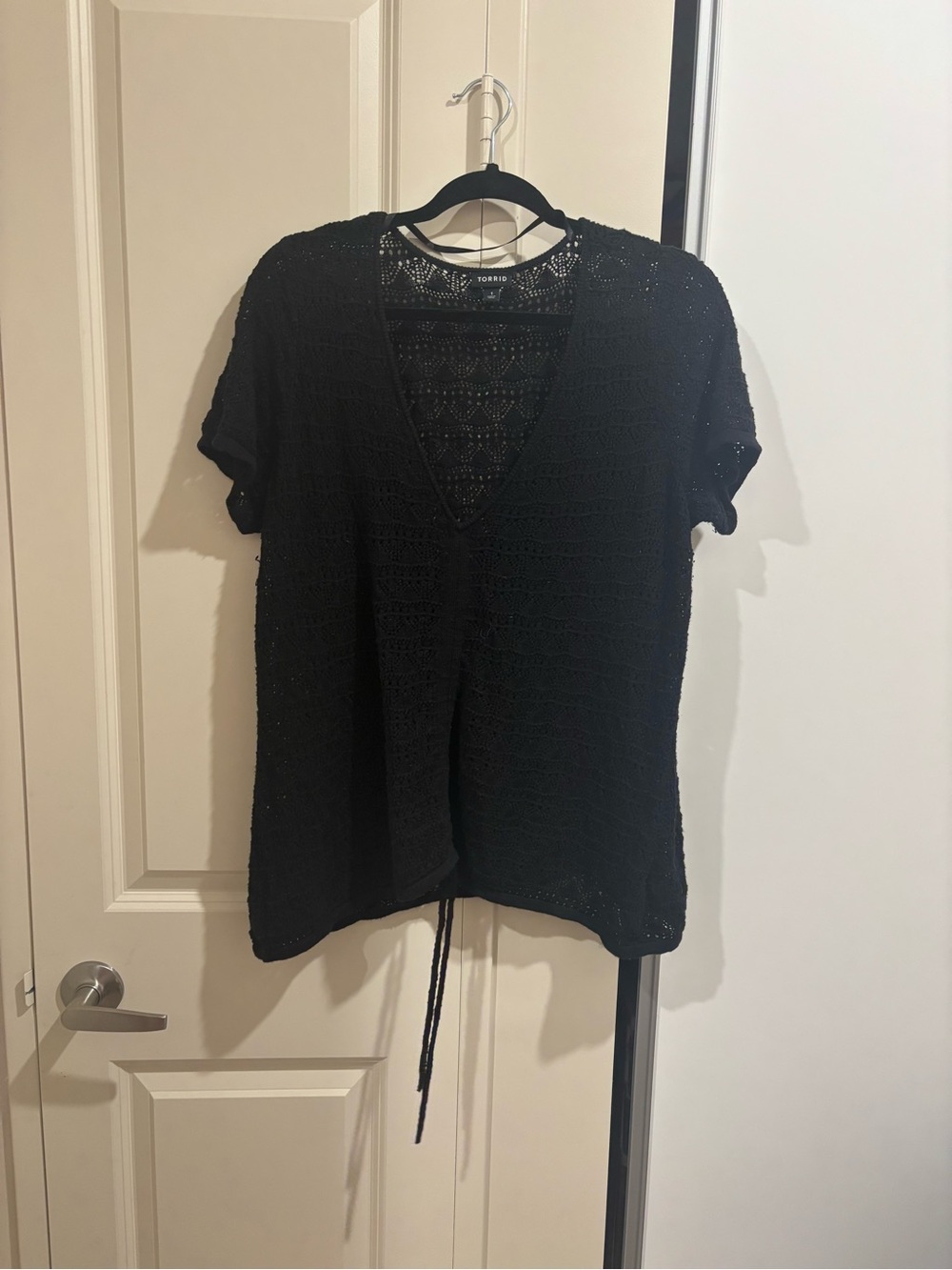 Black Crochet V-Neck Short Sleeve Top